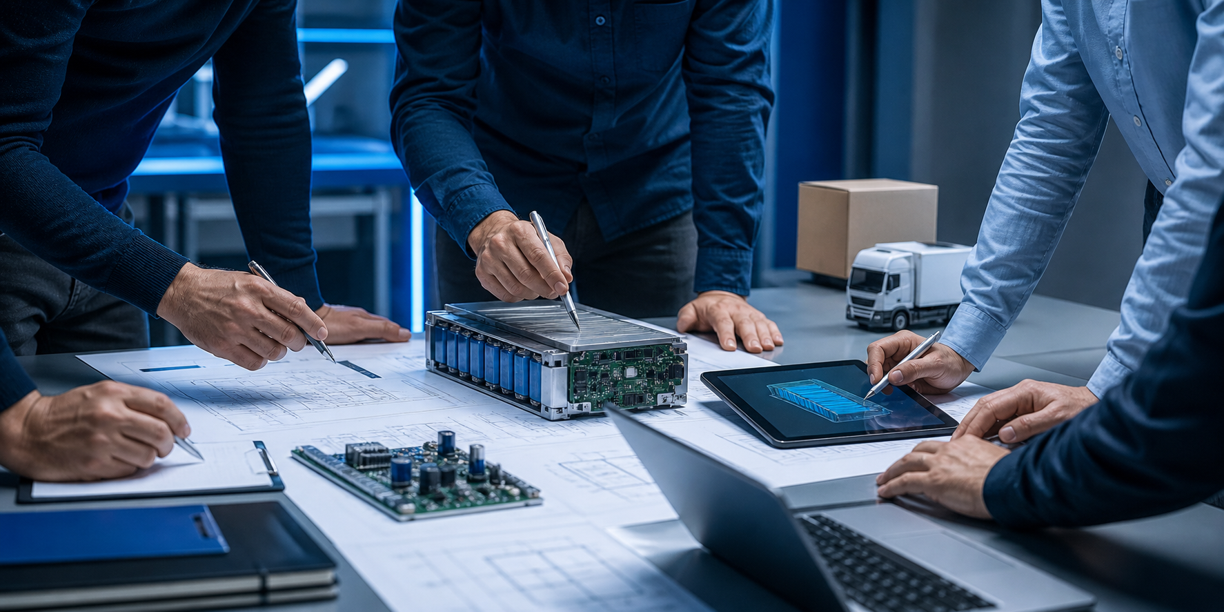 Equipo multidisciplinar colaborando en el desarrollo de un sistema de baterías